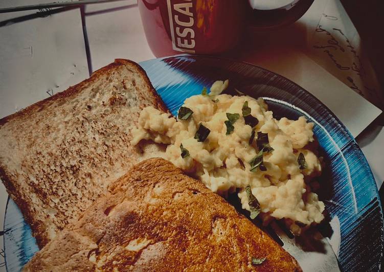 Recipe of Perfect Scrambled eggs paired with toast and a cup of black coffee