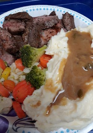A picture of Beef, Mash, and Gravy.