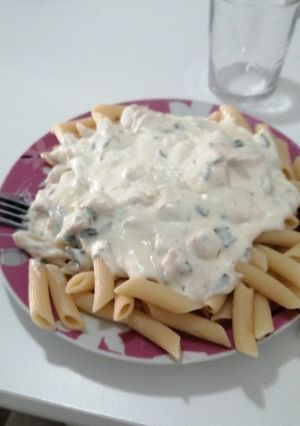 Una foto de Penne con pollo y nata para dieta baja en fodmap