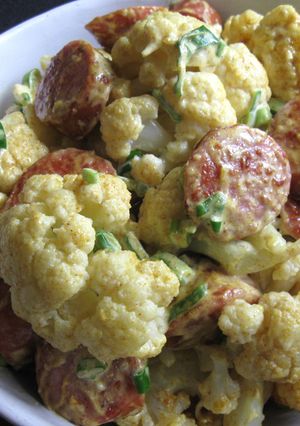 A picture of Curry Flavoured Cauliflower & Smoked Sausage Salad.