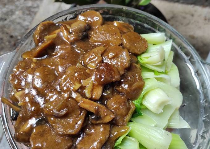 Pokcoy jamur dan pentol saus teriyaki