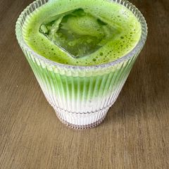 A picture of Strawberry Vanilla Maple Matcha Latte.