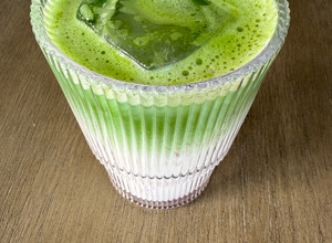 A picture of Strawberry Vanilla Maple Matcha Latte.