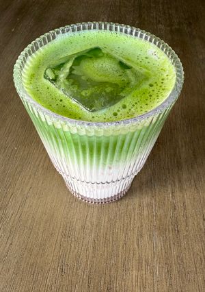 A picture of Strawberry Vanilla Maple Matcha Latte.