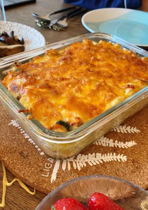 A picture of Gratin with salmon and spinach - A main dish for my husband’s birthday dinner 🎂.