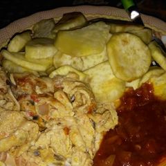 Fried sweet potato with stew and Scrabble egg A picture of Fried sweet potato with stew and Scrabble egg.