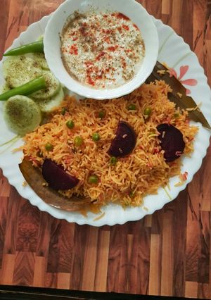 A picture of Peas pulao (Beetroot flavoured).