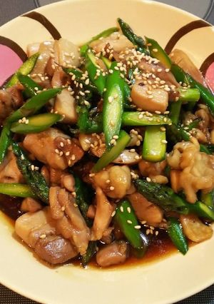 A picture of Teriyaki Chicken Thighs with Asparagus Stir-Fry.