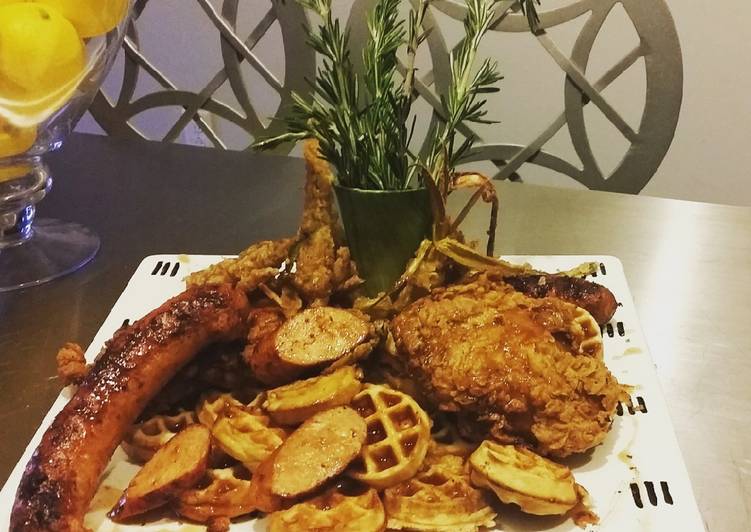 Recipe of Speedy BIANCO MEATS - Cajun Fried Chicken an Andouille Sausage &amp;Waffles