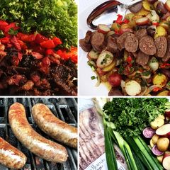 A picture of Roasted Potato Salad with Wagyu Bacon & Grilled Wagyu Bratwurst.