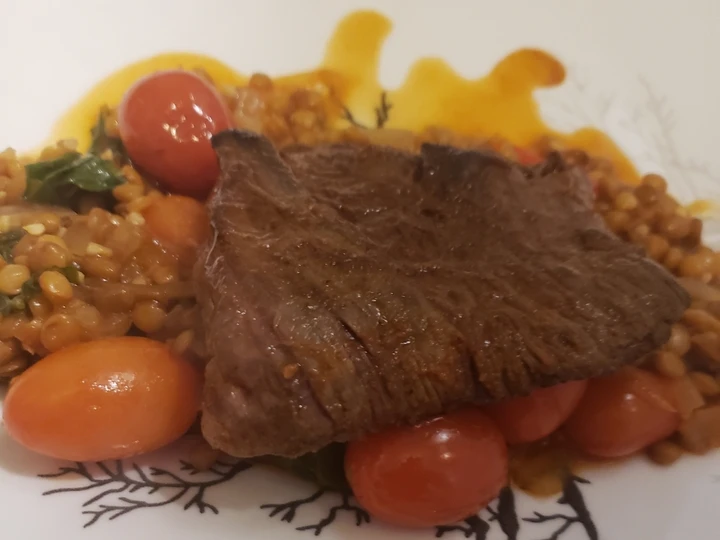 Easy Way Prepare Recipe Seared skirt steak over spiced lentils that is Delicious, Addictive}