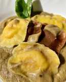 Raviolis frescos de setas y queso con salsa de berenjena y albahaca fit