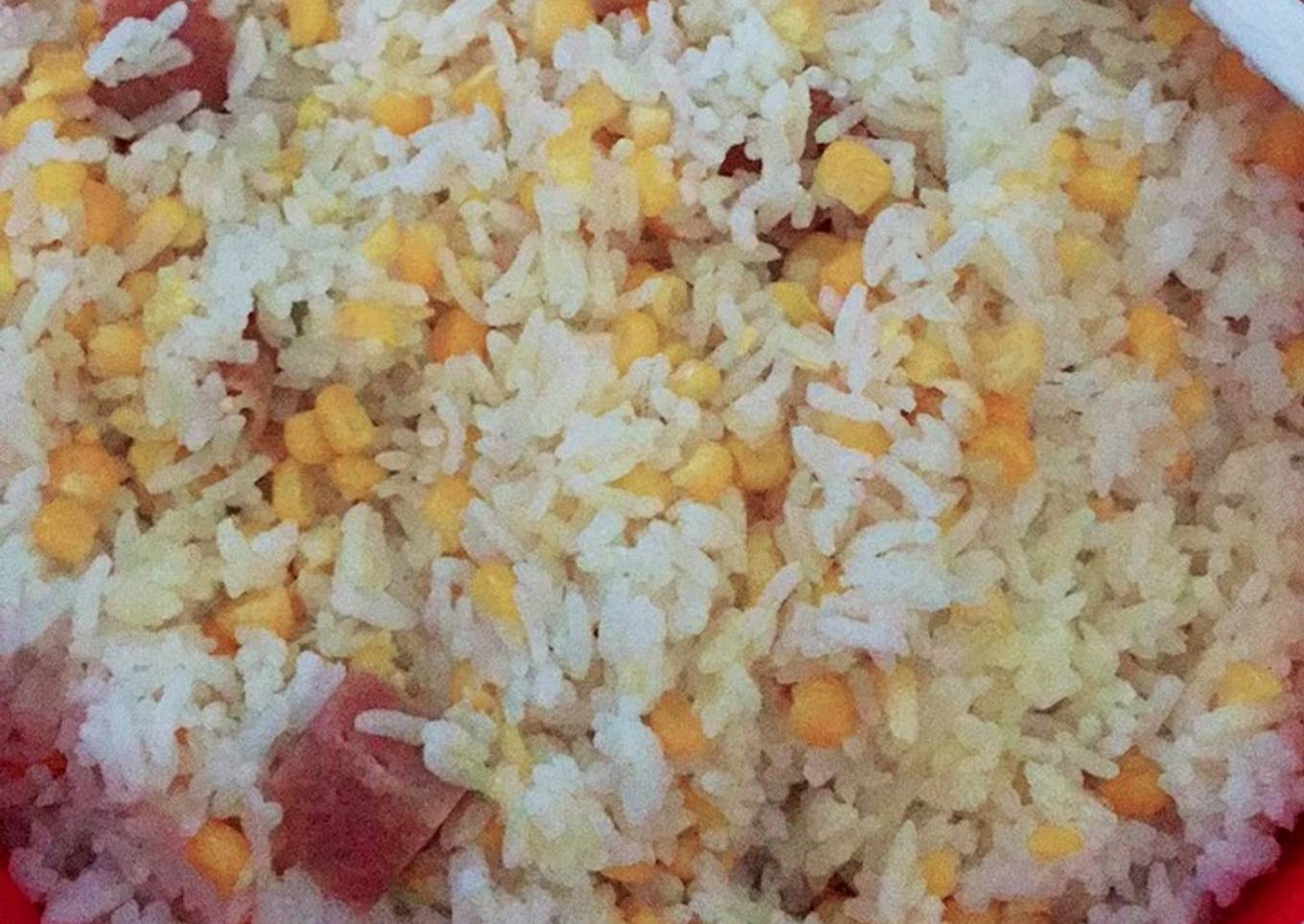 Nasi lemak with corn and spam (non-halal)