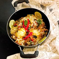A picture of Egg Biryani in South Indian style.