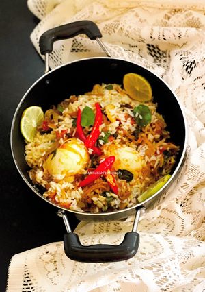 A picture of Egg Biryani in South Indian style.