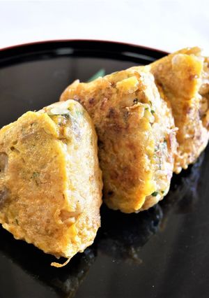 A picture of Chicken and Root Vegetable Egg Onigiri.