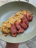 Spaghetti aglio olio with smoked duck
