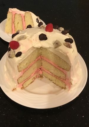 A picture of Almond Layer Cake with Rasberry Cream Filling.
