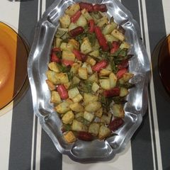 A picture of Grilled Potatoes, Sausages & Broad beans.