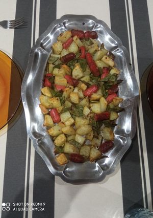 A picture of Grilled Potatoes, Sausages & Broad beans.