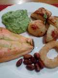 Baked salmon,pea purée, toasted almonds and Crisp roasted potato