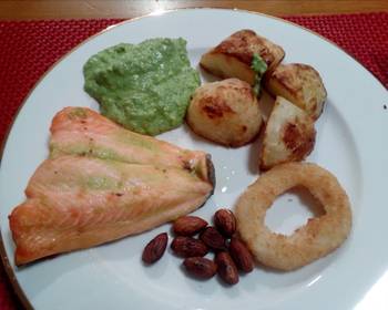 Fresh, Cooking Recipe Baked salmonpea pure toasted almonds and Crisp roasted potato Most Delicious