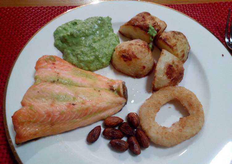 How To Make Your Recipes Stand Out With Baked salmon,pea purée, toasted almonds and Crisp roasted potato
