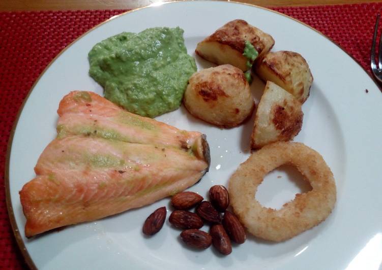 The Simple and Healthy Baked salmon,pea purée, toasted almonds and Crisp roasted potato