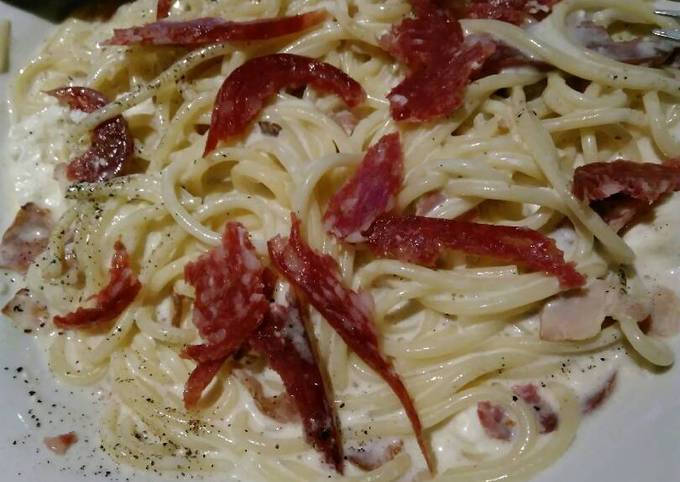 Carbonara with salami Recipe by Bistra Ravenheart - Cookpad