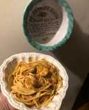 Spaghetti con gambas, hongos, y mejillones 🦀