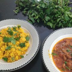 A picture of Mung ki khari daal with tomato qeema carry.