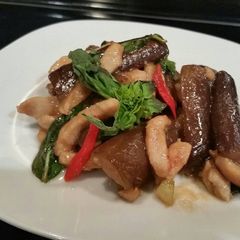 A picture of Stir Fry Eggplants with Chicken and Fresh Basil 🍆🌿.