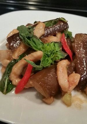 A picture of Stir Fry Eggplants with Chicken and Fresh Basil 🍆🌿.