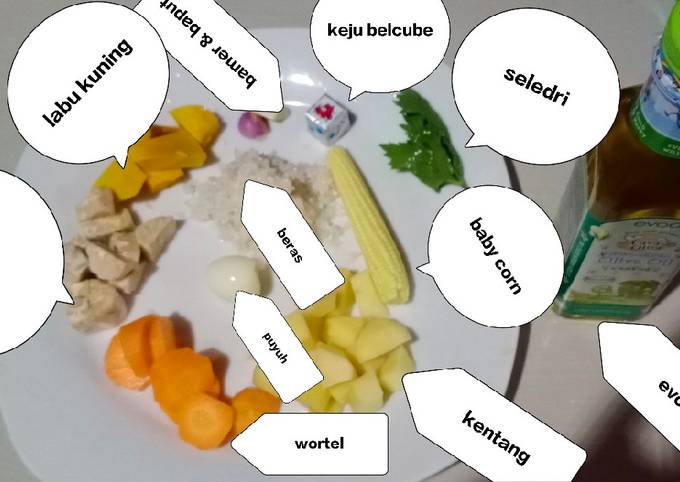 Mpasi 6 bulan bubur nasi+puyuh+sayur+keju belcube
