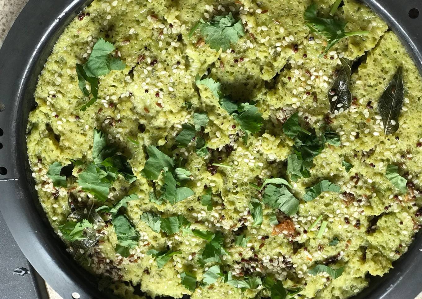 Tuver daal and methi dhokla (pigeon peas and fenugreek leaves steamed cake)