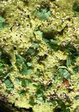 A picture of Tuver daal and methi dhokla (pigeon peas and fenugreek leaves steamed cake).