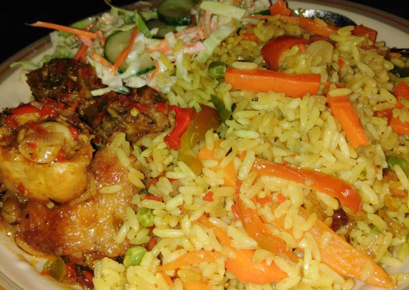 Fried Rice with pepper chicken and coleslaw