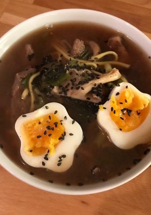 A picture of Beef ramen with ajitsuke tomago.