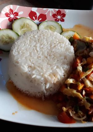 A picture of Rice and shredded chicken sauce.