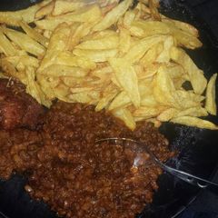 A picture of Oil beans and French fries.