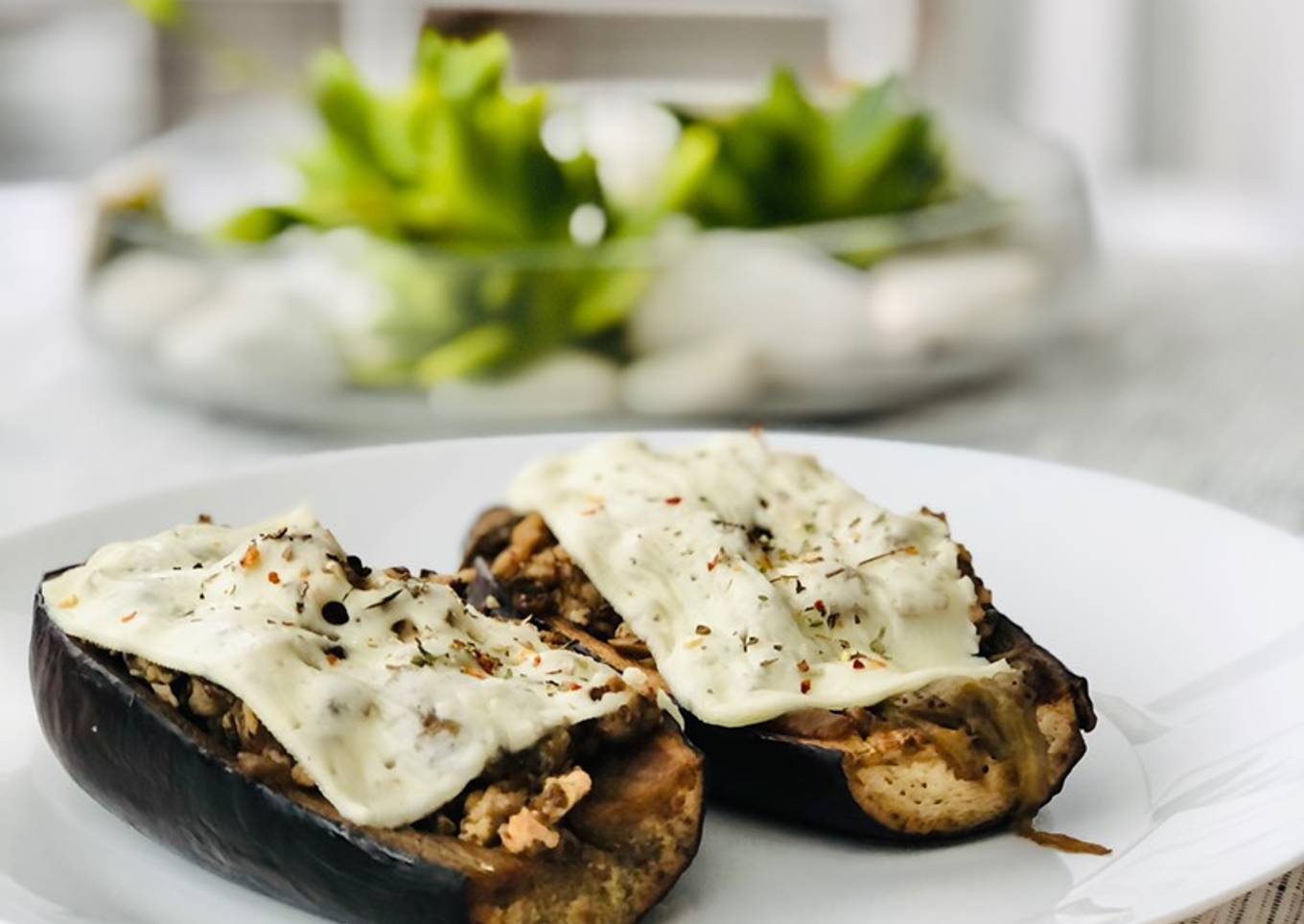 Berenjenas rellenas de pavo y champiñones