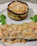 Moussaka de batata con pasas y crema de anís con albaricoques