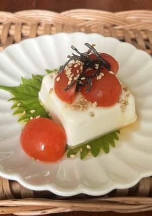 A picture of Chilled Tofu with Tomato and Shio Kombu – Great as an Appetizer.