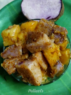 A picture of Chatpata purple yam and potato.