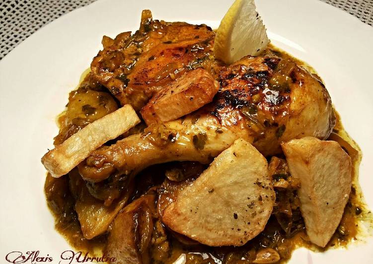 Pollo al limón, en salsa de hígado y ajos