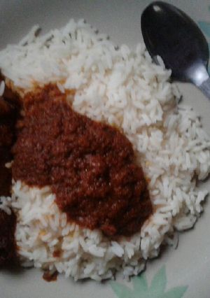A picture of Chicken stew on white rice.