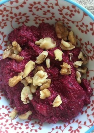 A picture of Beetroot and walnut dip - a variation of Muhammara (vegan).
