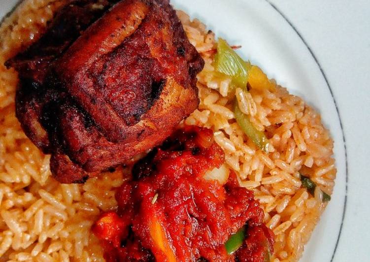 Simple Way to Make Homemade Ghanaian vegetable Jollof rice with red seasoned chicken