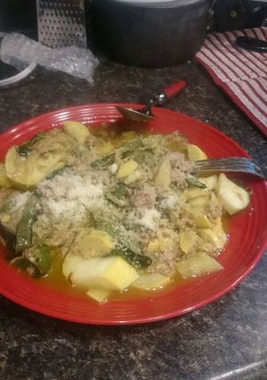 A picture of Zucchini Pasta with Tuna and Summer Squash.