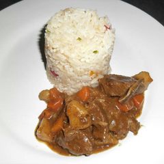 A picture of Beef stew with Savoury Rice.